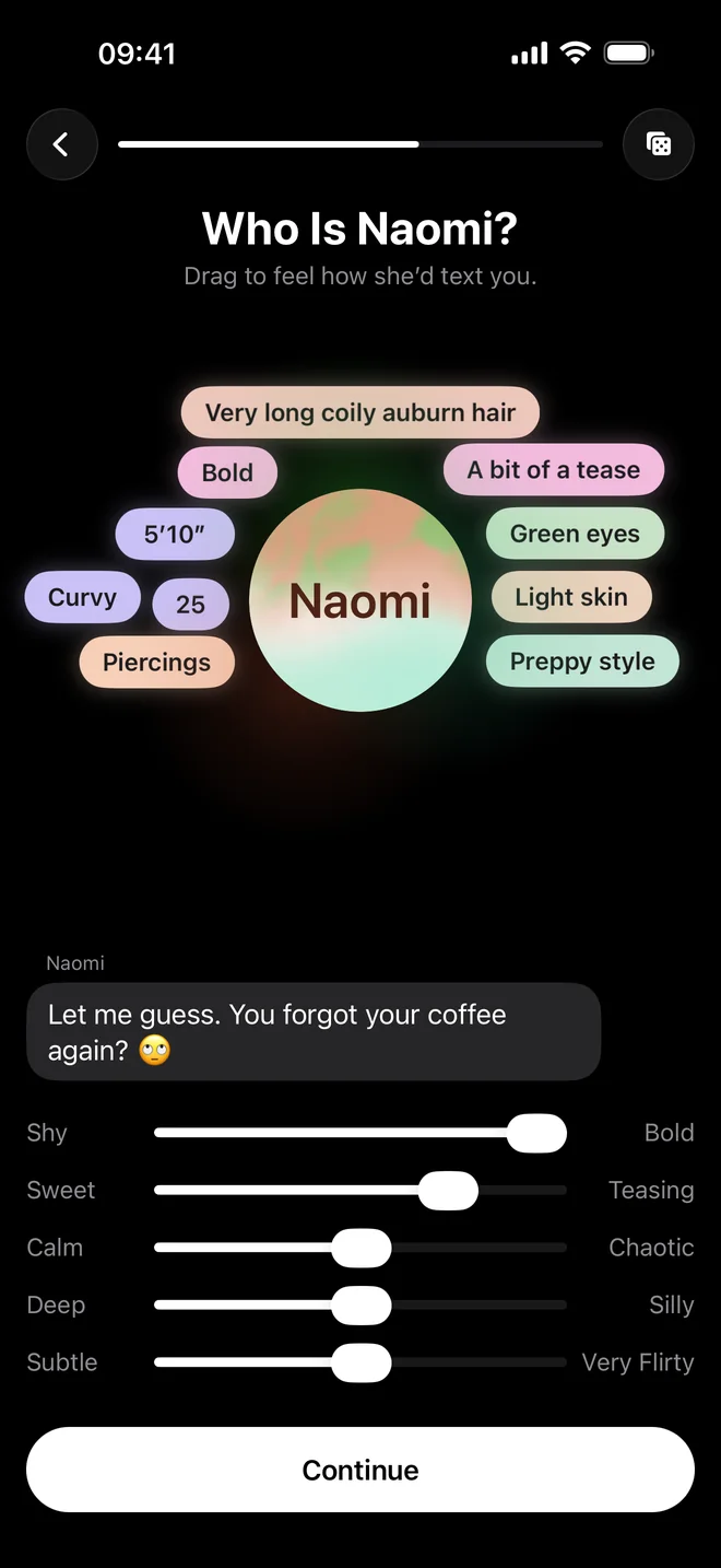 Darling's Lab, the personality step: sliders from shy to bold, and her sample text reply